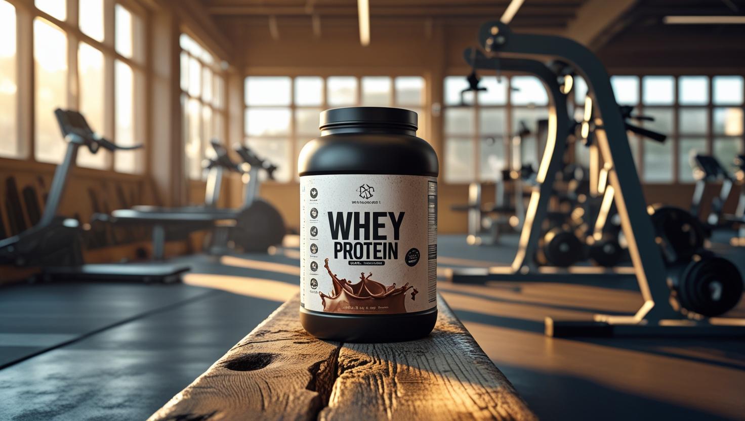 whey protien kept on bench with gym in the background